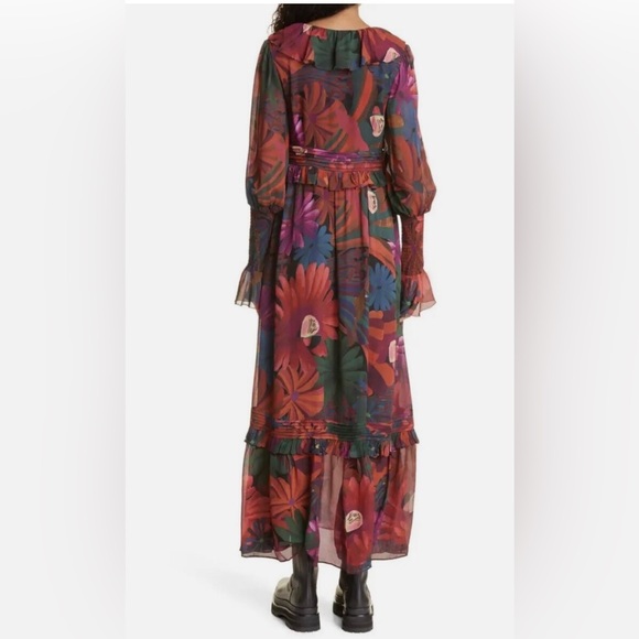 Farm, Rio Bird flowers long sleeve V-neck maxi dress, size small - Picture 2 of 15